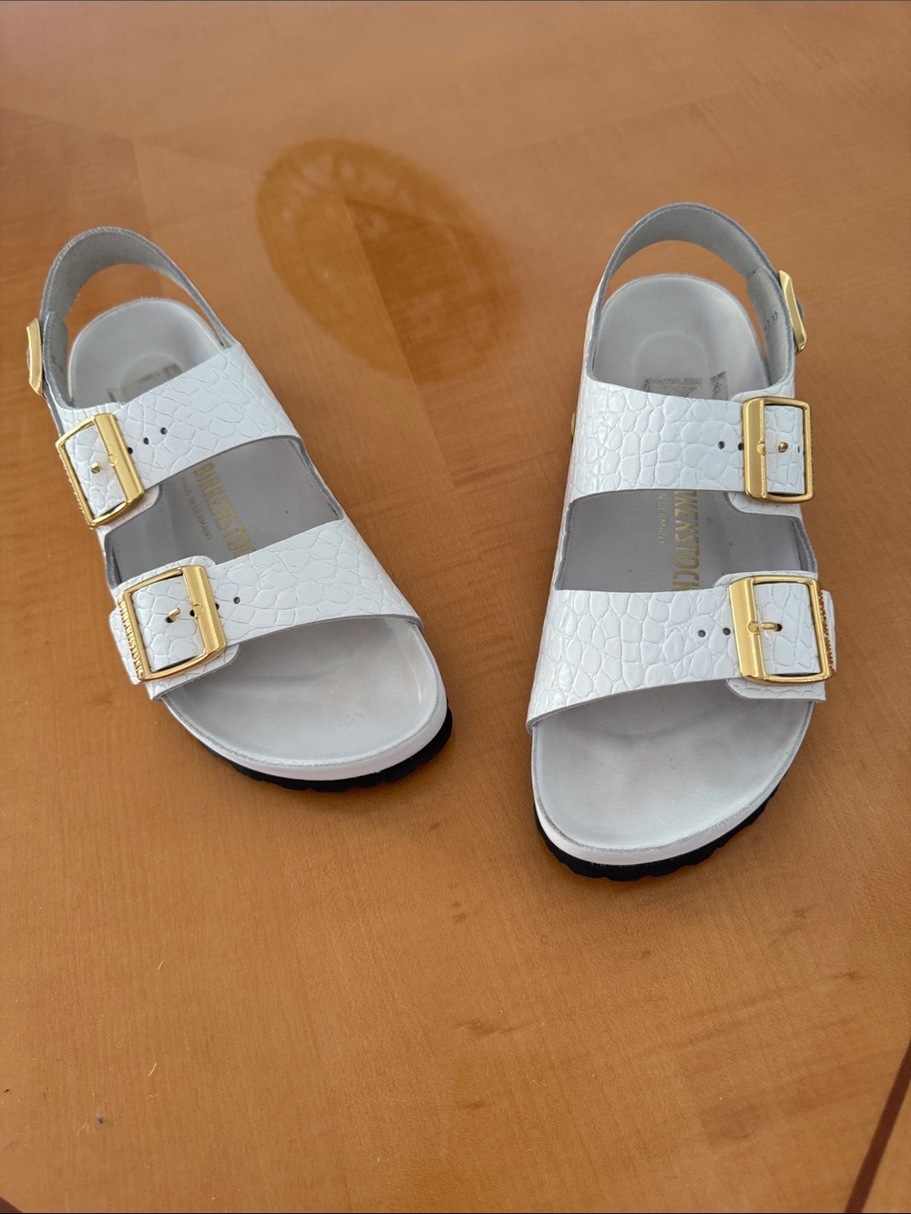 Birkenstock White Two-Strap Slingback Sandal with Gold Buckles